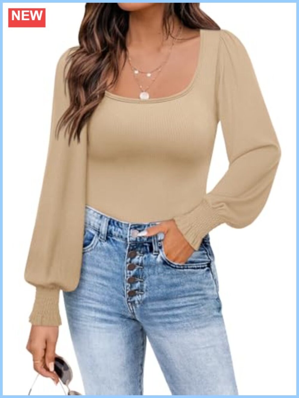 Mesh Long Sleeve Blouse Ruffle Cuffs Square Neck Slim Fit Top